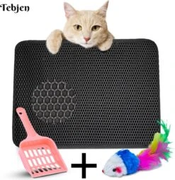 TEBJEN Kattenbakmat – Kattenbak Mat Grit Opvanger - Schoonloop Katten Mat – Dubbele Waterdichte Laag – Uitloopmat Kattenbak – Kattenbak Accessoires - Met Speelgoedmuisje En Schepje - 40x50cm