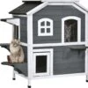 PawHut Kattenhuis Voor Buiten Kattenhut Met 2 Verdiepingen Kattenvilla, Asfaltdak, Massief Hout Grijs D30-236 -Kattenbenodigdheden Winkel 1200x1065 4