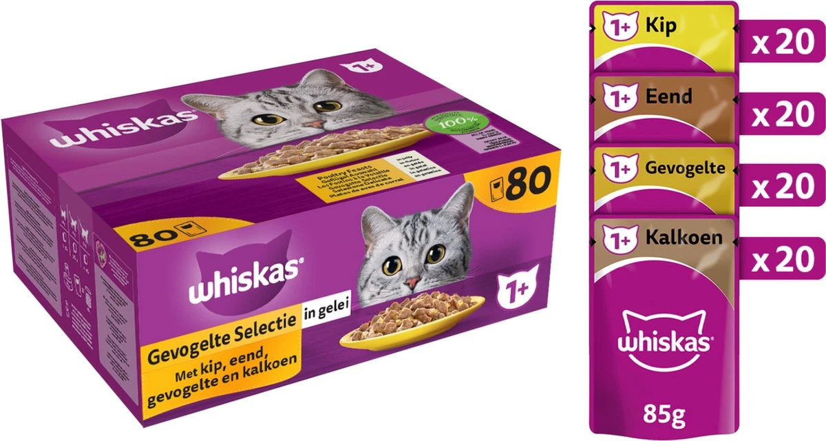 Whiskas 1+ Natvoer - Gevogelte - Selectie In Gelei - Maaltijdzakjes 80 X 85 G 3 Whiskas 1+ Natvoer - Gevogelte - Selectie In Gelei - Maaltijdzakjes 80 X 85 G