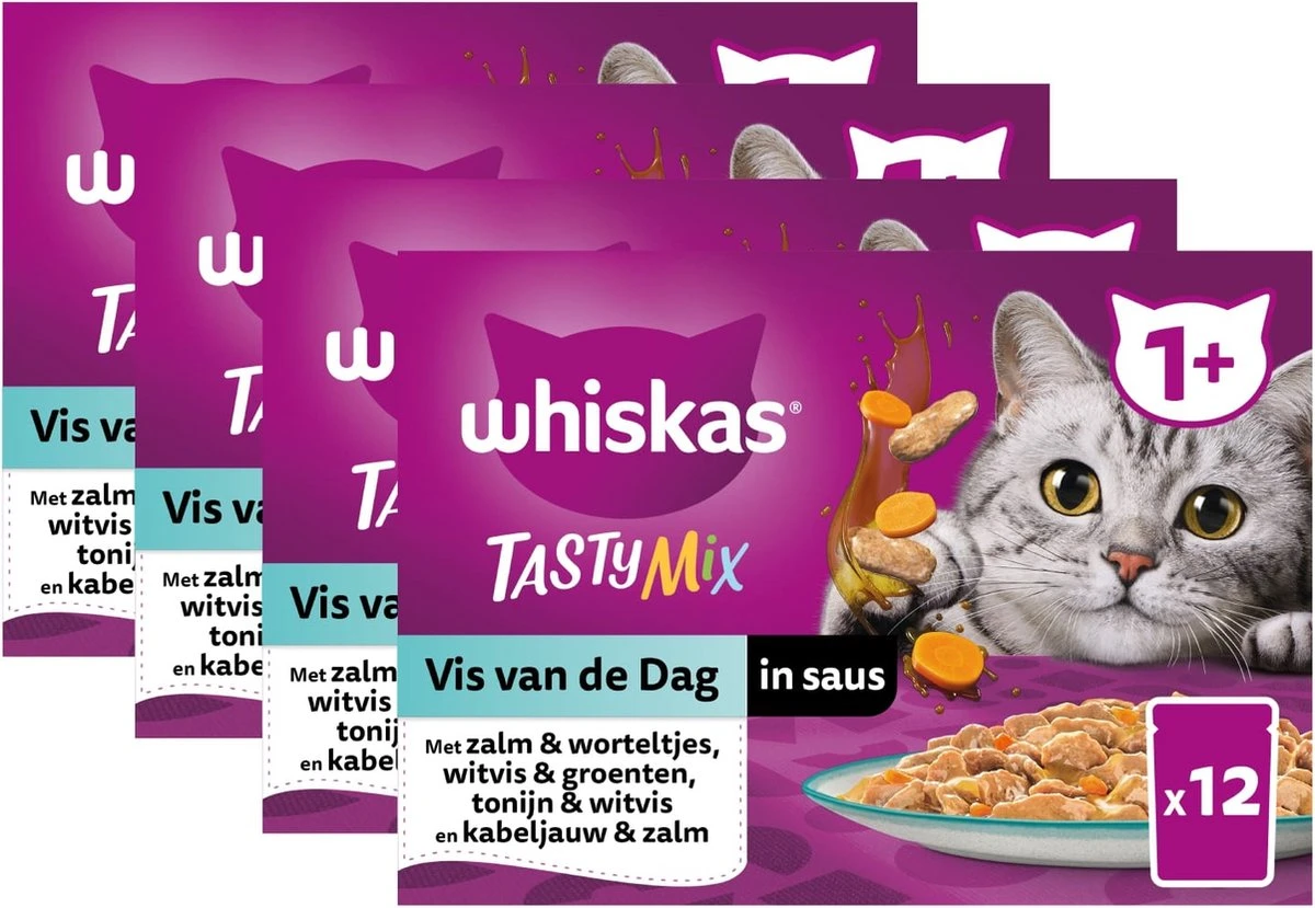 Whiskas 1+ Natvoer - Tasty Mix - Vis Van De Dag In Saus - Maaltijdzakjes 48 X 85 G 3 Whiskas 1+ Natvoer - Tasty Mix - Vis Van De Dag In Saus - Maaltijdzakjes 48 X 85 G