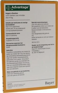 Bayer Advantage 40 Tegen Vlooien - <4kg - 4 X 0,4 Ml - Adult -Kattenbenodigdheden Winkel 752x1200 1